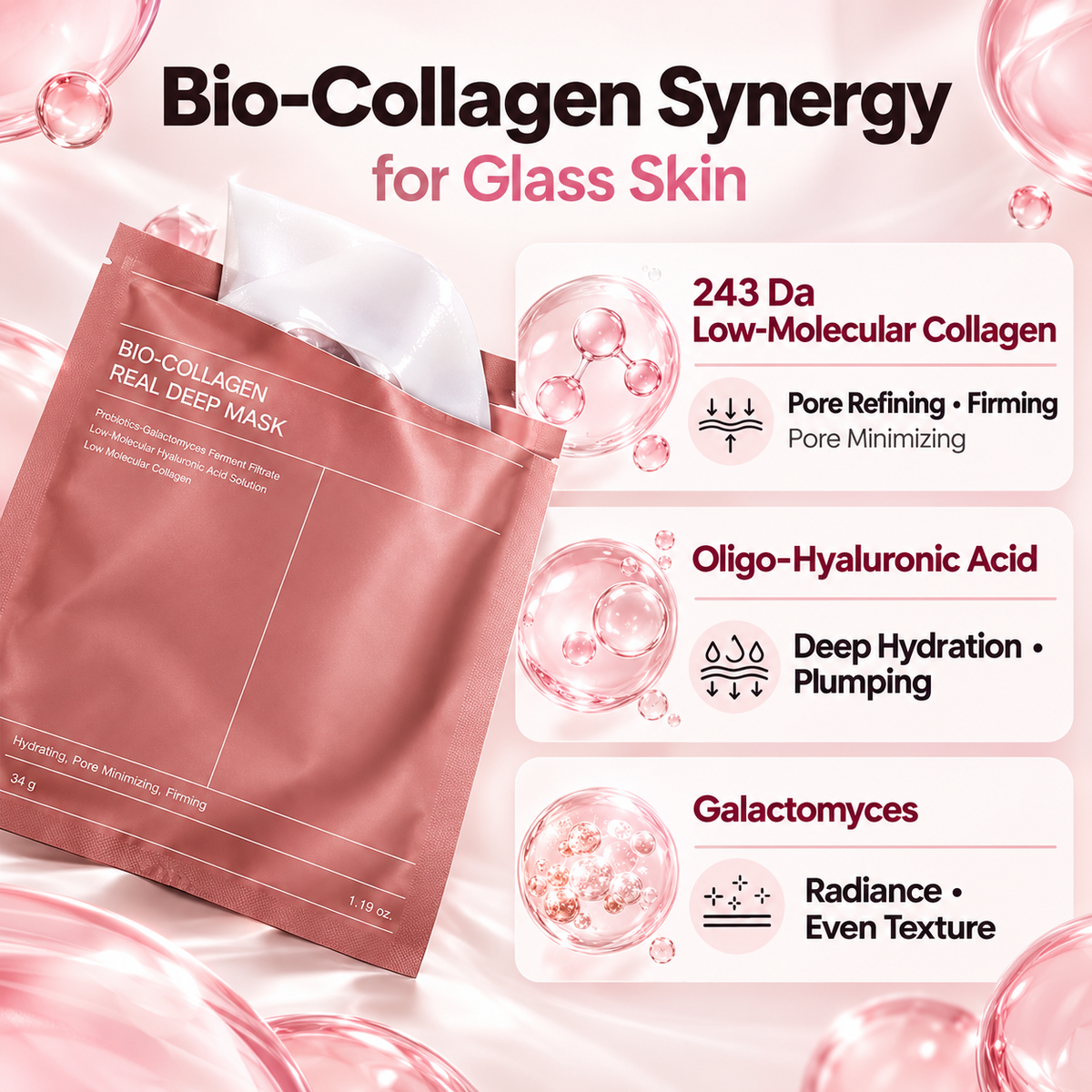 A pink sheet mask labeled 'BIO-COLLAGEN REAL DEEP MASK' with a white sheet partially pulled out, set on a glossy pink satin background with floating glass bubble graphics and text callouts about collagen and hyaluronic acid benefits. From Biodance sold at MIMOMART