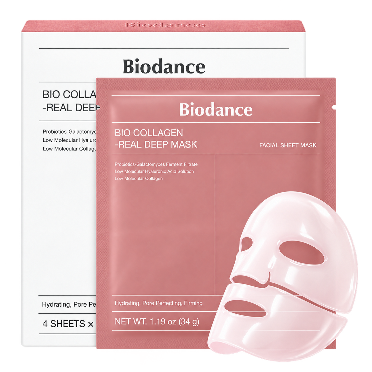 Biodance Bio Collagen - Real Deep Mask facial sheet mask 4pc box packaging, showing the outer box, individual pouch, and a translucent pink mask sheet on a white background.