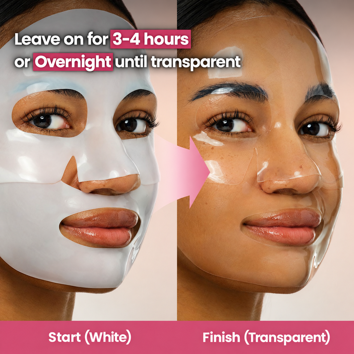 Before-and-after comparison of a transparent sheet mask on a woman's face, showing a white sheet on the left labeled 'Start (White)' and a clear transparent mask on the right labeled 'Finish (Transparent)'. Text at the top says to leave on for 3-4 hours or overnight. BioDance Collagen Mask. Sold at MIMOMART.COM