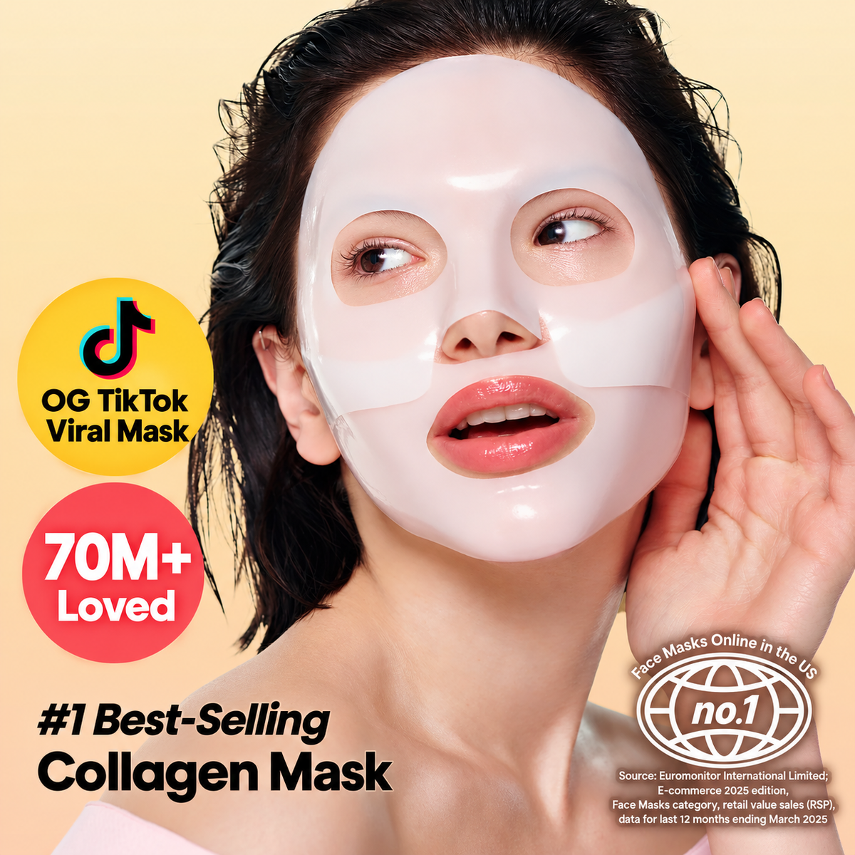 A woman wearing a glossy white sheet mask with cutouts for the eyes, nose, and mouth, shown against a pale beige background with promotional text and badges including 'OG TikTok Viral Mask', '70M+ Loved', and '#1 Best-Selling Collagen Mask'.