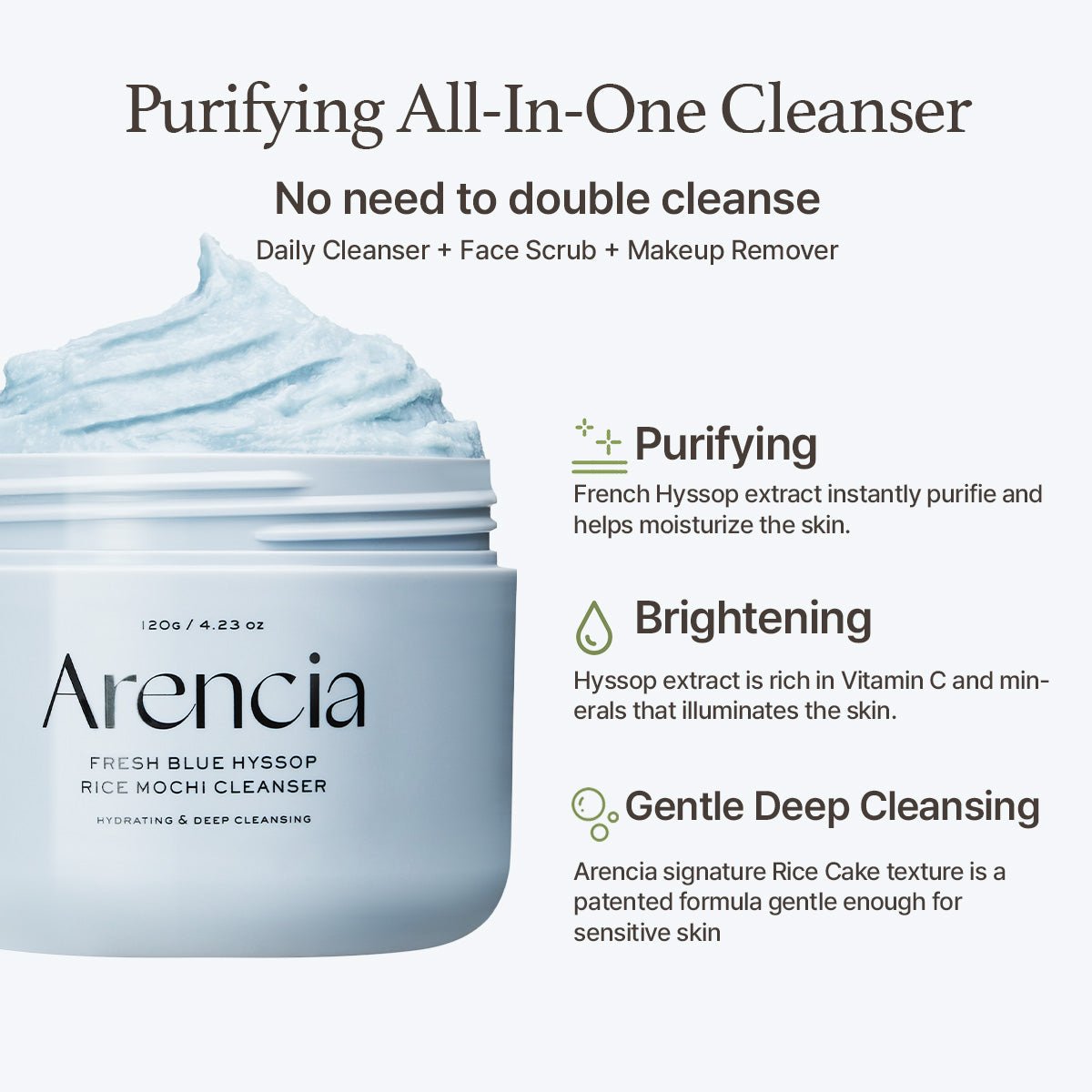 Arencia Fresh Blue Hyssop Rice Mochi Cleanser | Oil Control for Combination Skin (120g) - MIMO MART