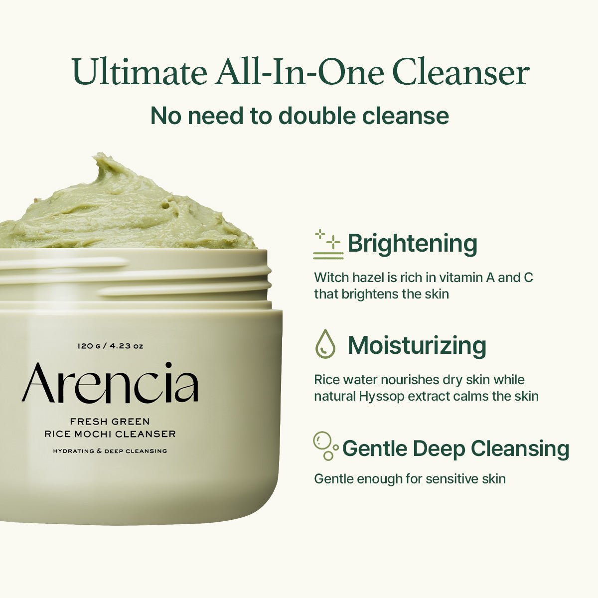 Arencia Fresh Green Rice Mochi Cleanser | Bestseller for Oily & Acne-Prone Skin (120g) - MIMO MART