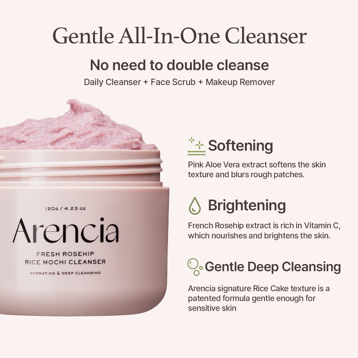 Arencia Fresh Rose Hip Rice Mochi Cleanser | Antioxidant Cleanser for Mature & Dry Skin (120g) - MIMO MART